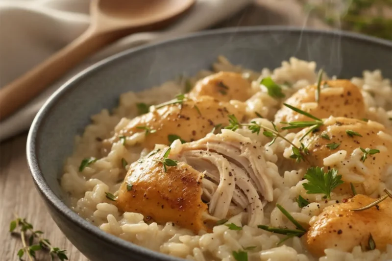 Slow-Simmered Creamy Herb Chicken and Rice in a Bowl