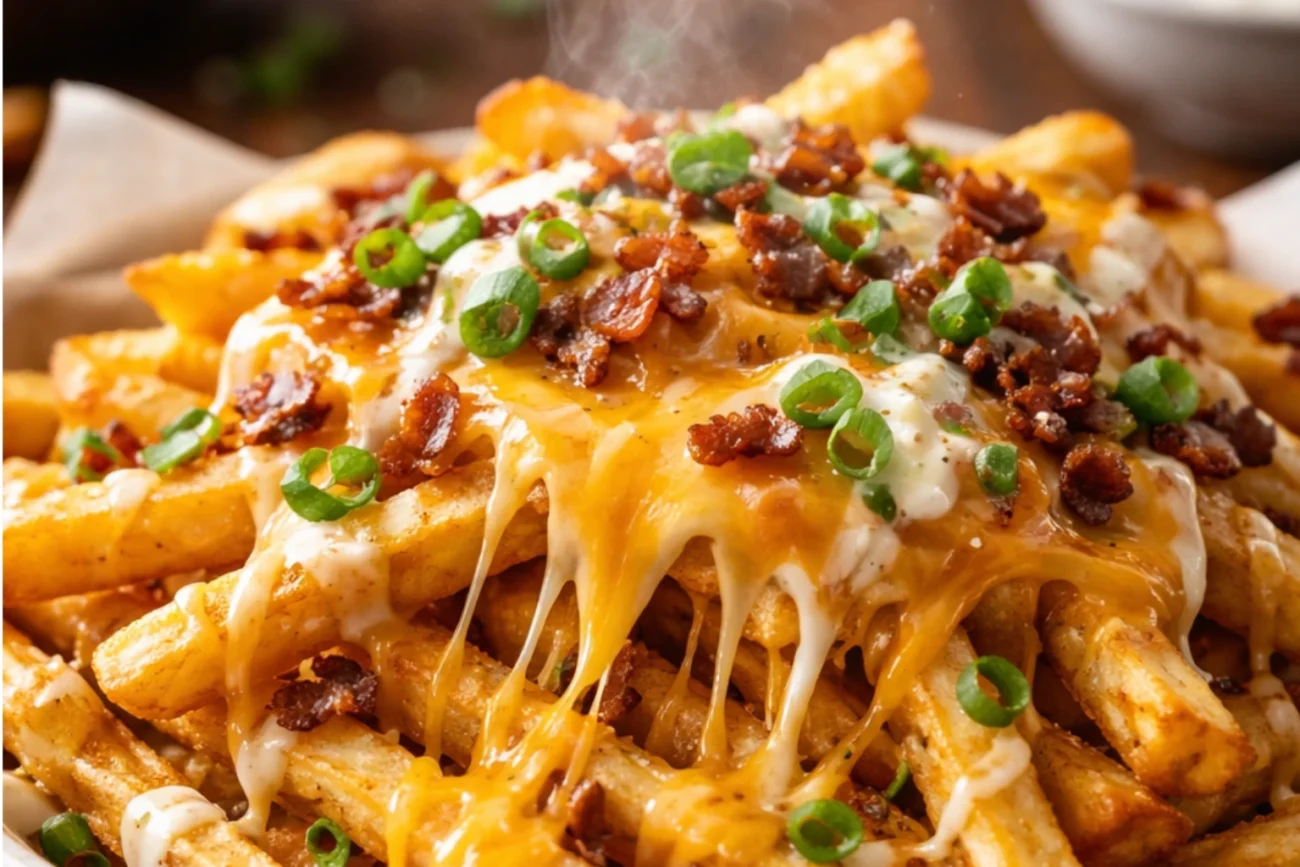 Loaded cheese fries with crispy golden fries, melted cheddar cheese, creamy sauce, and fresh green onions on top.
