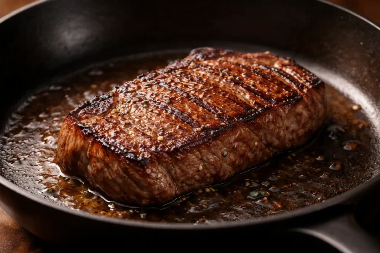 Perfectly seared steak cooking in a deep pan, featuring a golden-brown crust, light char marks, and visible juices, photographed in warm natural lighting with a clean, minimal background.