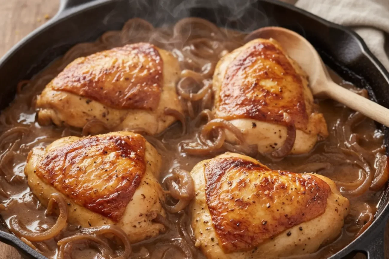 Golden skillet chicken thighs simmered in creamy onion gravy in a cast iron pan