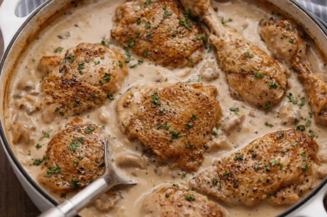 Creamy skillet chicken with golden-browned thighs and drumsticks cooked in a rich mushroom cream sauce, garnished with herbs.