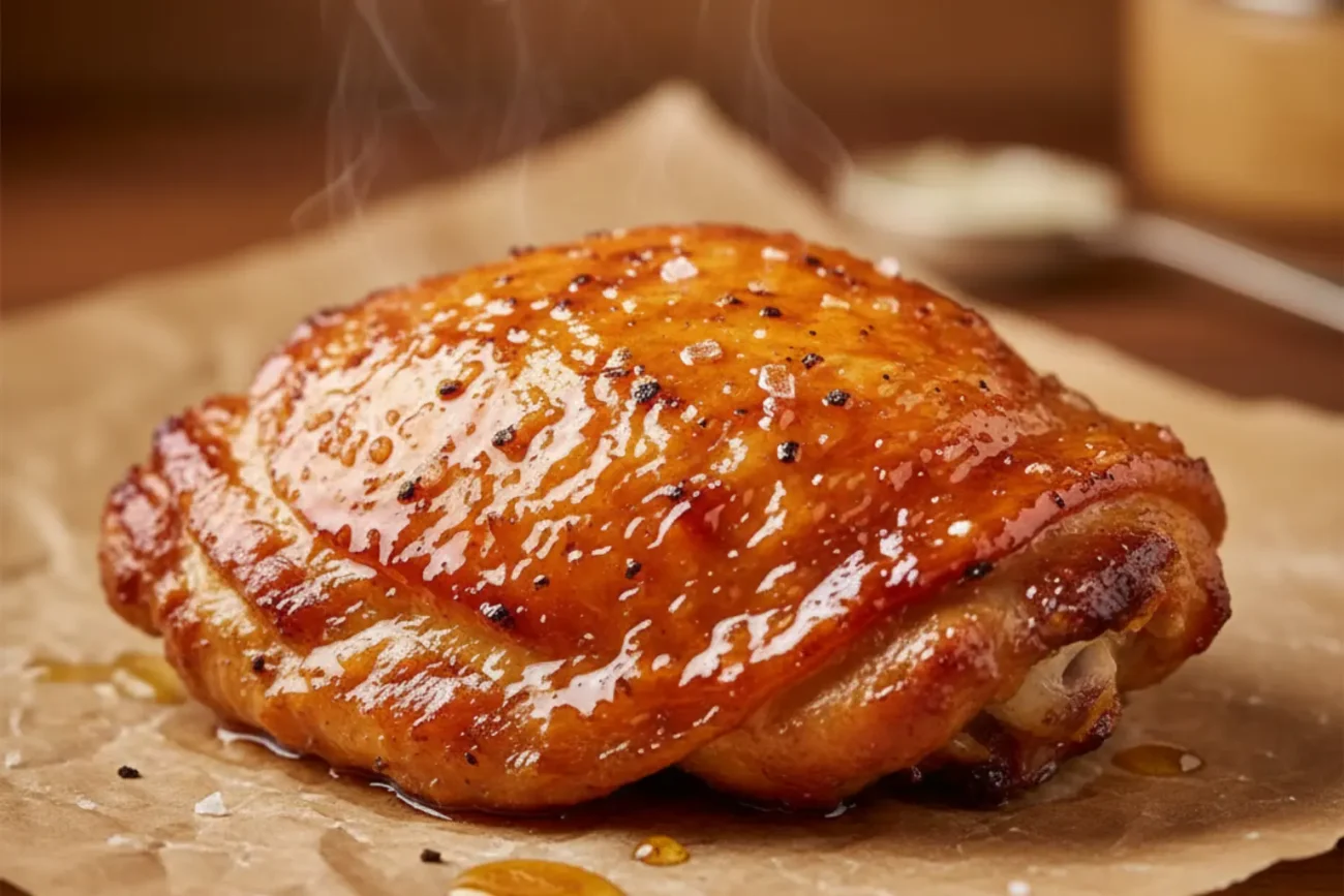 Crisp honey-glazed chicken thighs with golden-orange-red caramelized glaze, centered on a clean background, warm soft lighting highlighting crispy texture, minimal and professional food photography.