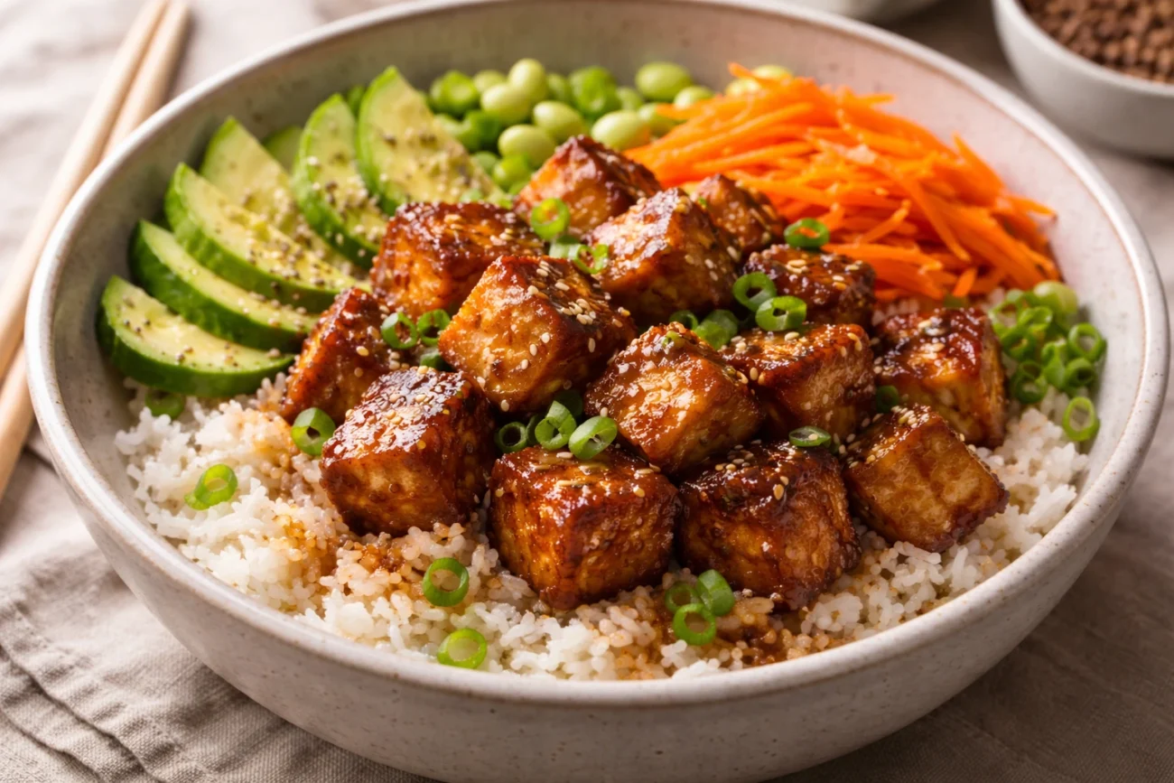 "Vibrant tofu rice bowl with crispy golden tofu cubes, avocado slices, shredded carrots, edamame, and steamed white rice, garnished with sesame seeds and chopped green onions in a ceramic bowl."