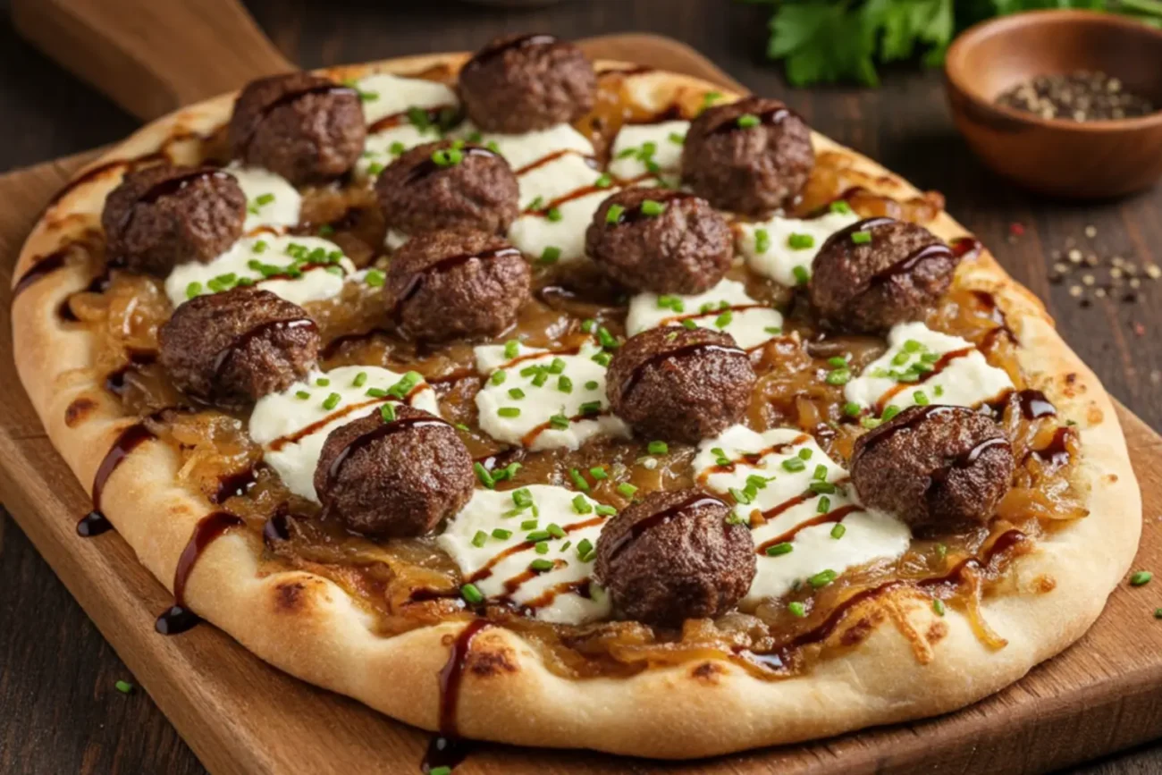 Caramelized onion smash flatbread topped with golden onions, melted cheese, and crisp edges, served fresh on a rustic surface.