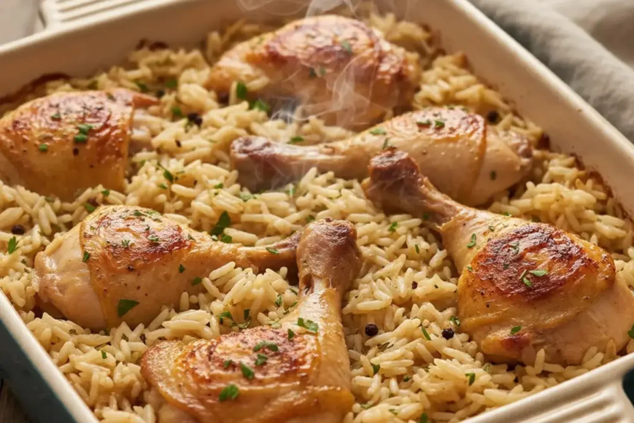 Oven-baked chicken drumsticks with golden skin served over fluffy seasoned rice in a ceramic baking dish, fresh and steaming.