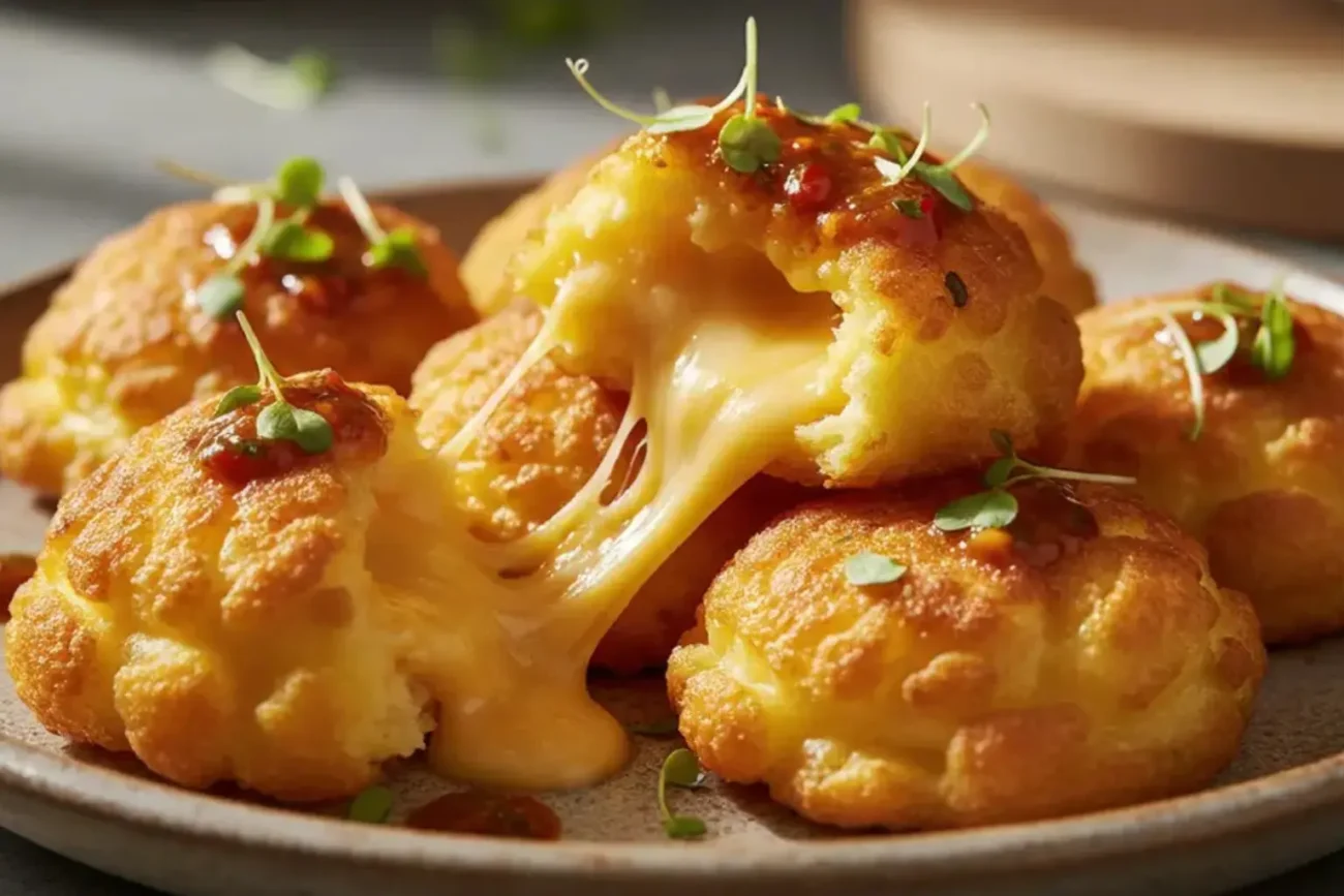 Golden-brown fluffy potato bites stuffed with melted cheddar, drizzled with spicy herb sauce, served on a rustic plate with microgreens