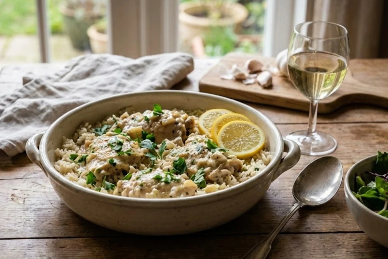 Creamy garlic chicken and rice served in a bowl with parsley garnish and lemon slices on a wooden table