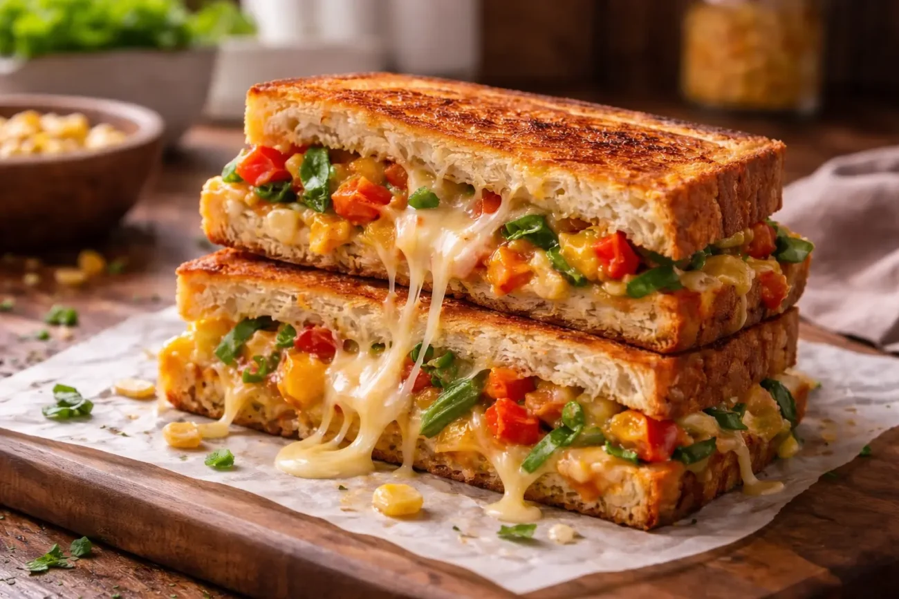 Golden grilled sandwich cut in half, filled with melted cheese, sautéed vegetables, and corn, stacked on a wooden board in a cozy home kitchen setting.