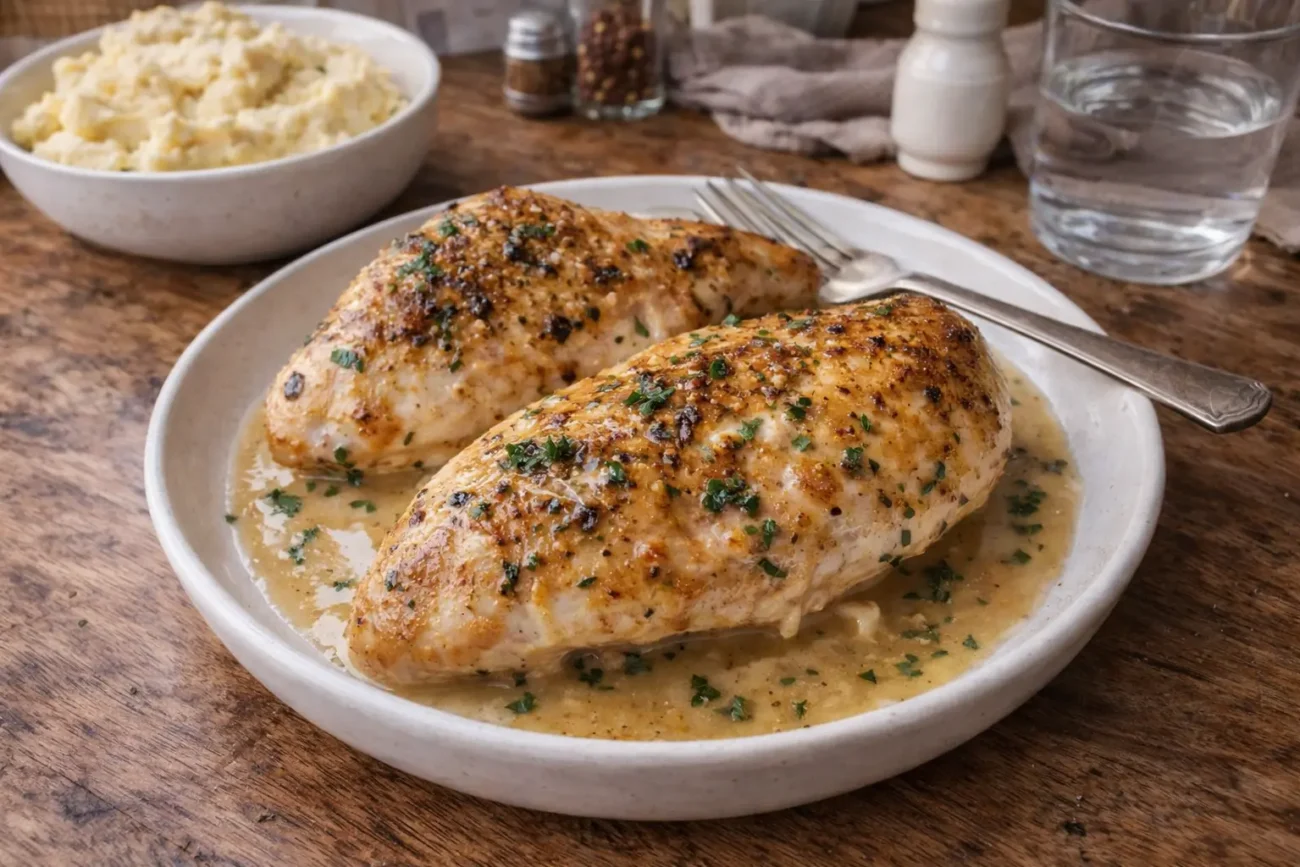 Juicy oven-baked chicken breasts in a creamy butter sauce served on a simple white plate over a rustic wooden table with natural window light.