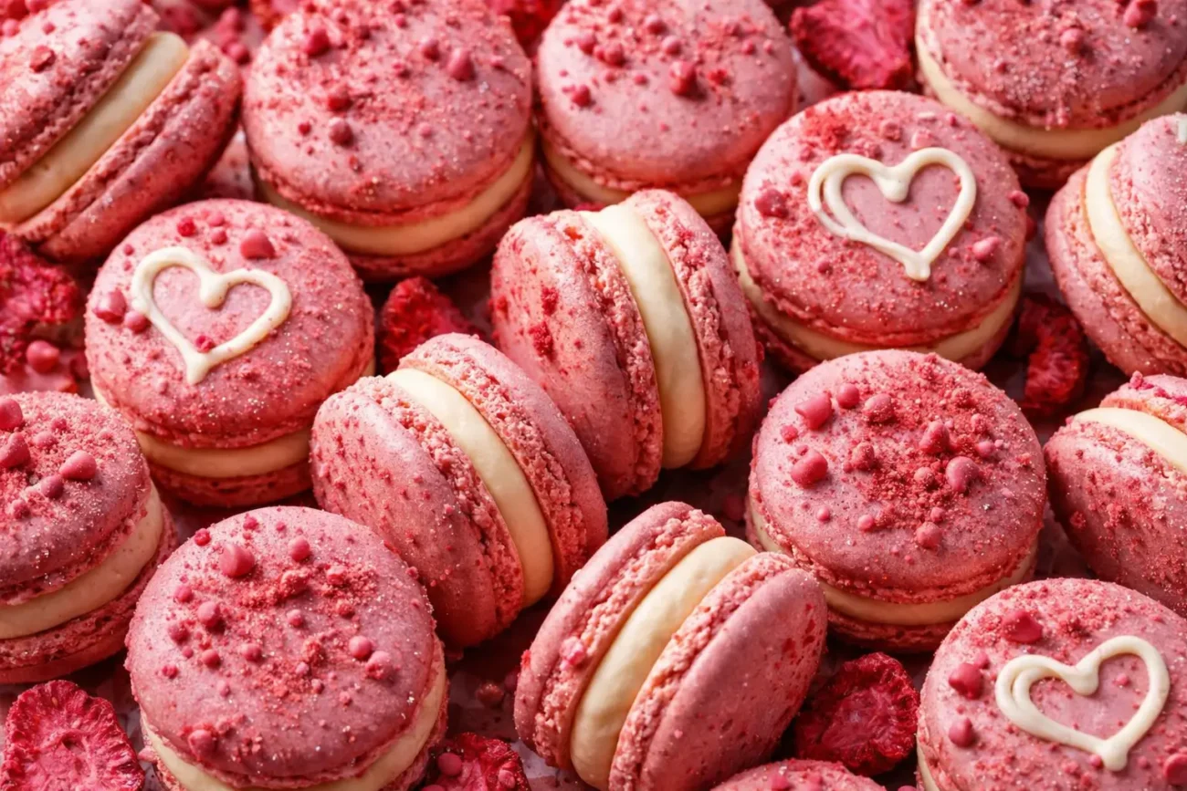 Close-up of realistic strawberry cheesecake macarons with smooth creamy filling, pink chocolate chips, strawberry powder dusting, and delicate white cream heart designs for Valentine’s Day.