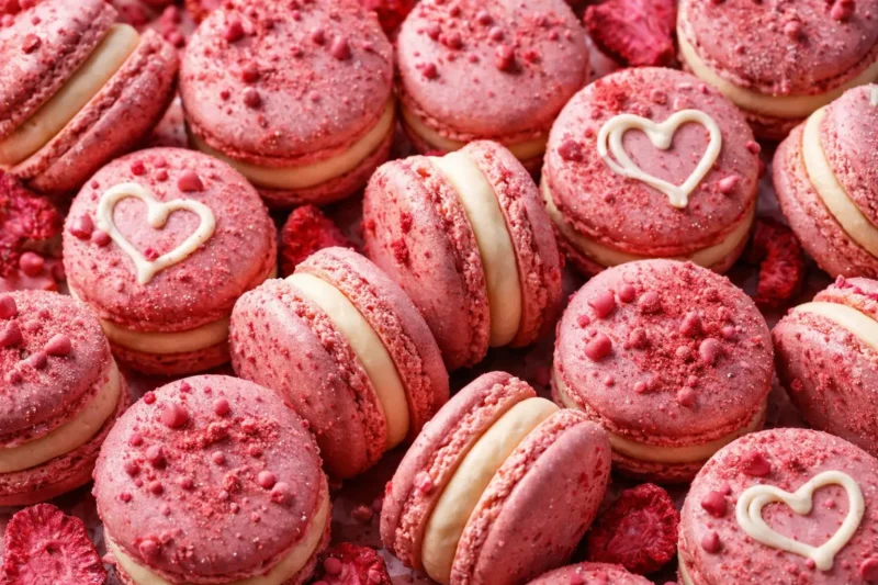 Close-up of realistic strawberry cheesecake macarons with smooth creamy filling, pink chocolate chips, strawberry powder dusting, and delicate white cream heart designs for Valentine’s Day.