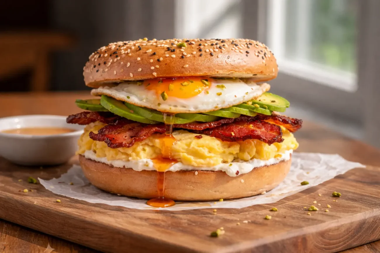 hot honey bagel breakfast sandwich with bacon, fried egg, avocado, and scrambled eggs