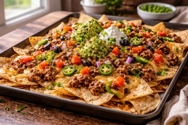 loaded beef nachos with melted cheese, guacamole, sour cream, jalapeños, tomatoes, and black olives on a sheet pan