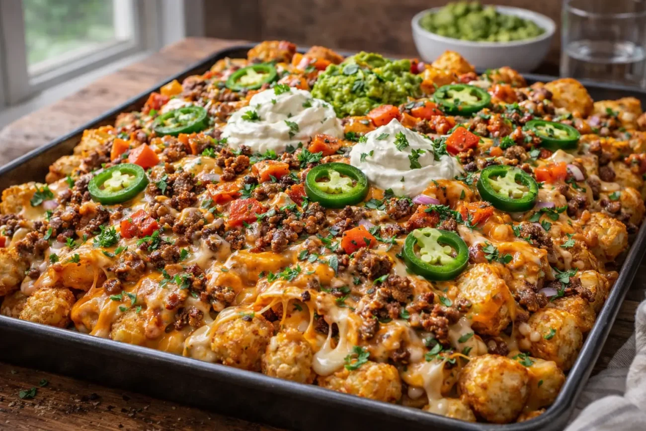 Close-up of crispy loaded tater tot nachos topped with seasoned ground beef, extra melted cheese, sour cream, jalapeños, and fresh herbs in natural window light.