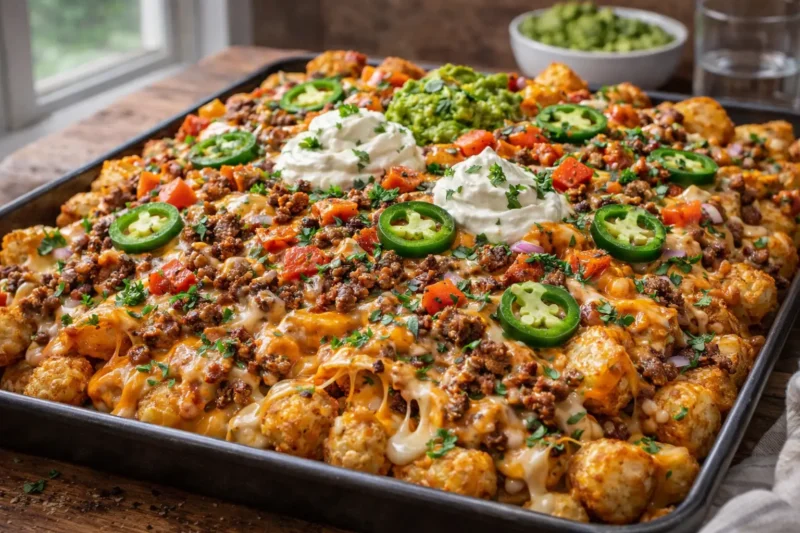 Close-up of crispy loaded tater tot nachos topped with seasoned ground beef, extra melted cheese, sour cream, jalapeños, and fresh herbs in natural window light.