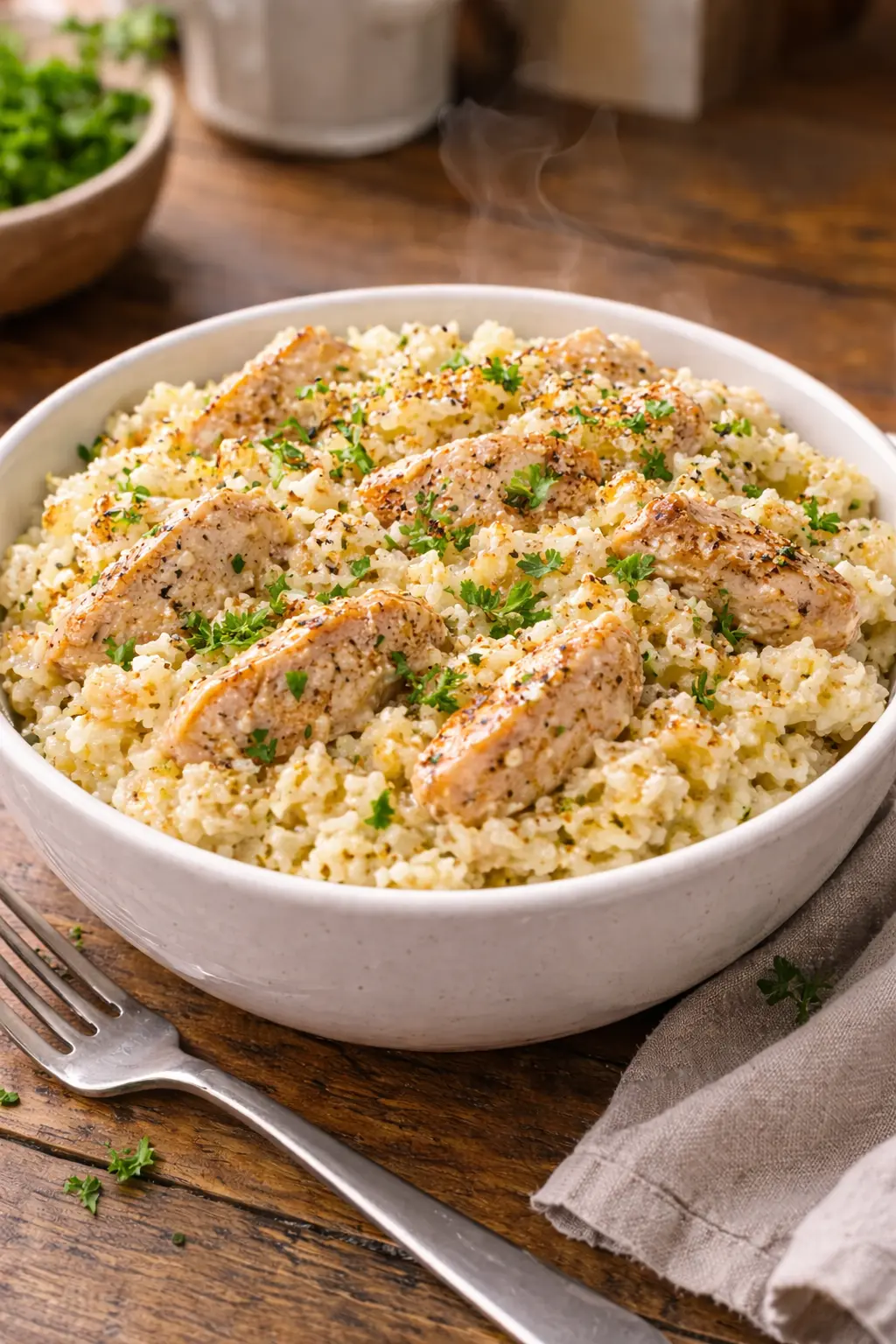 Creamy one-pan chicken Alfredo rice in a white ceramic bowl, topped with parsley and black pepper, with steam rising in a cozy home kitchen setting.