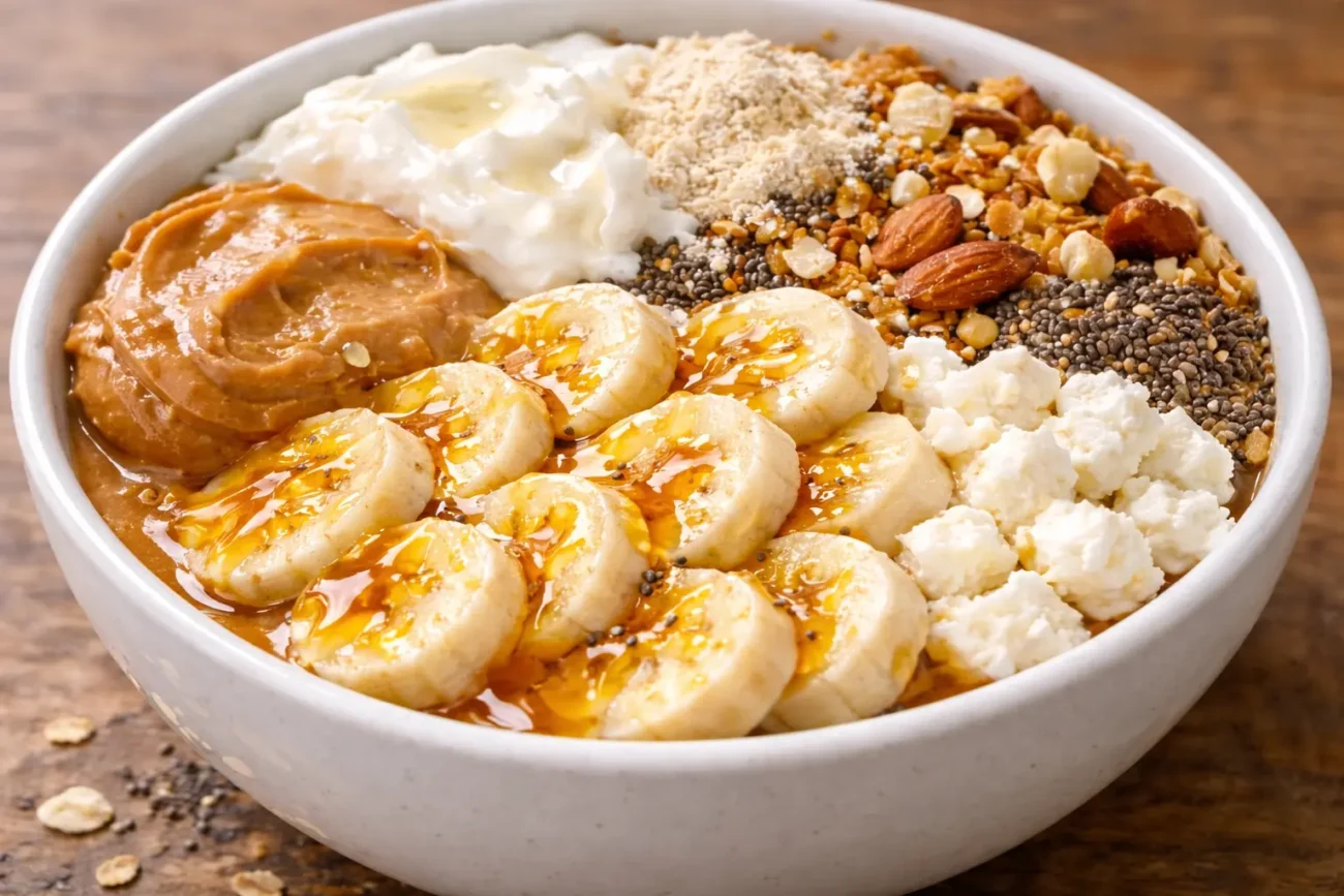 Close-up of a high-protein peanut butter banana breakfast bowl topped with honey, Greek yogurt, granola, chia seeds, almonds, and cottage cheese in natural window light.