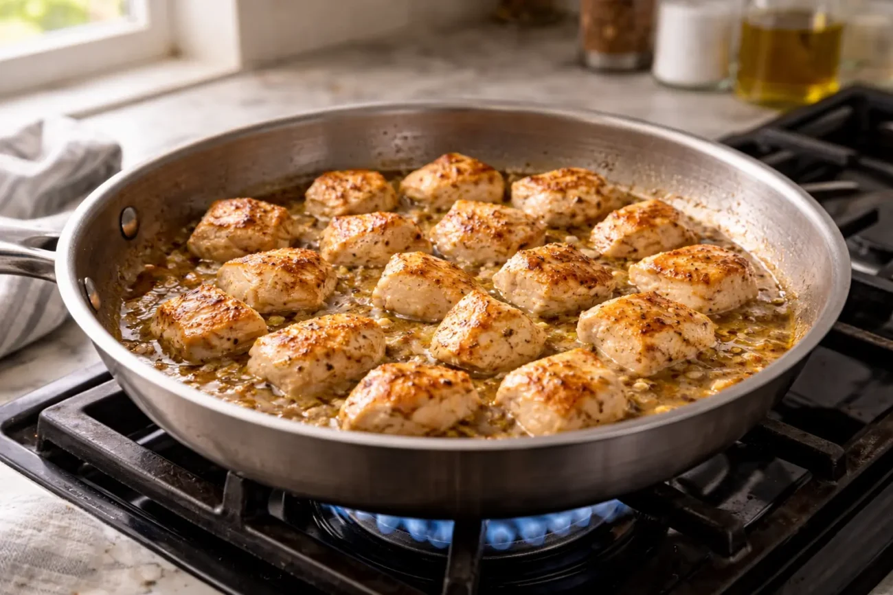 Bite-sized chicken breast pieces searing in a stainless steel skillet with light sauce over a low blue flame in natural kitchen light.