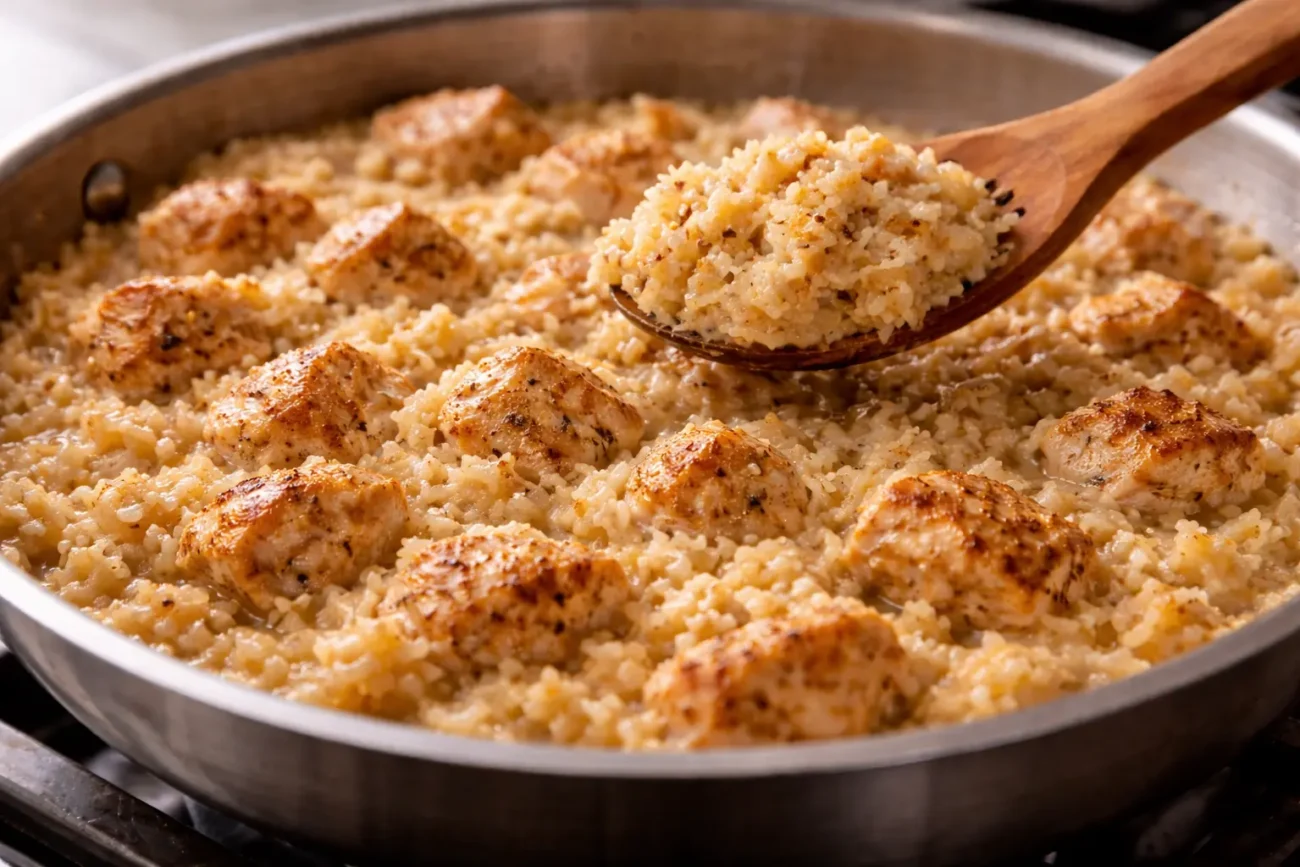 Golden-brown seasoned chicken pieces mixed with thick creamy rice in a stainless steel skillet under natural kitchen light.