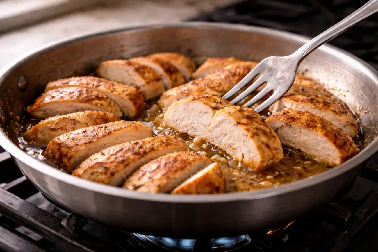Fork pressing into sliced chicken breast in a stainless steel skillet to show juicy interior texture in natural kitchen light.