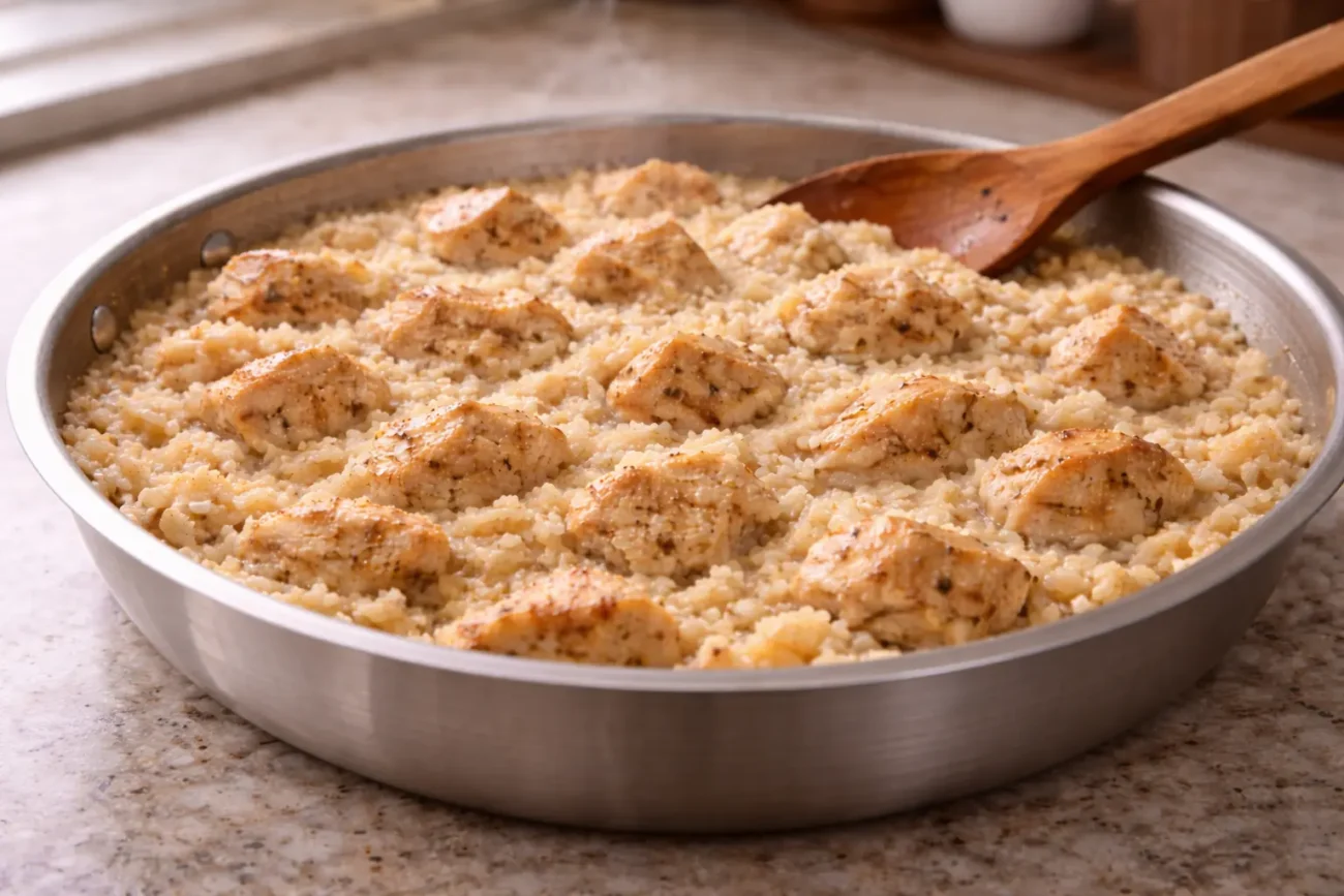 Creamy chicken and rice in a stainless steel skillet on a kitchen countertop with visible fluffy rice grains and tender chicken pieces.
