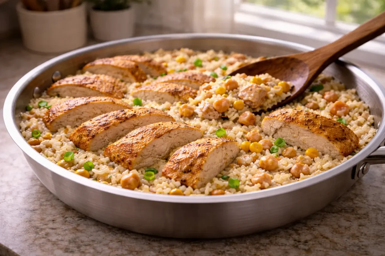 Chicken breast slices with rice and chickpeas in a stainless steel skillet under natural window light.