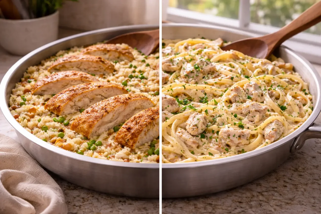 Skillet showing chicken and rice on one side and creamy chicken Alfredo pasta on the other under natural kitchen light.