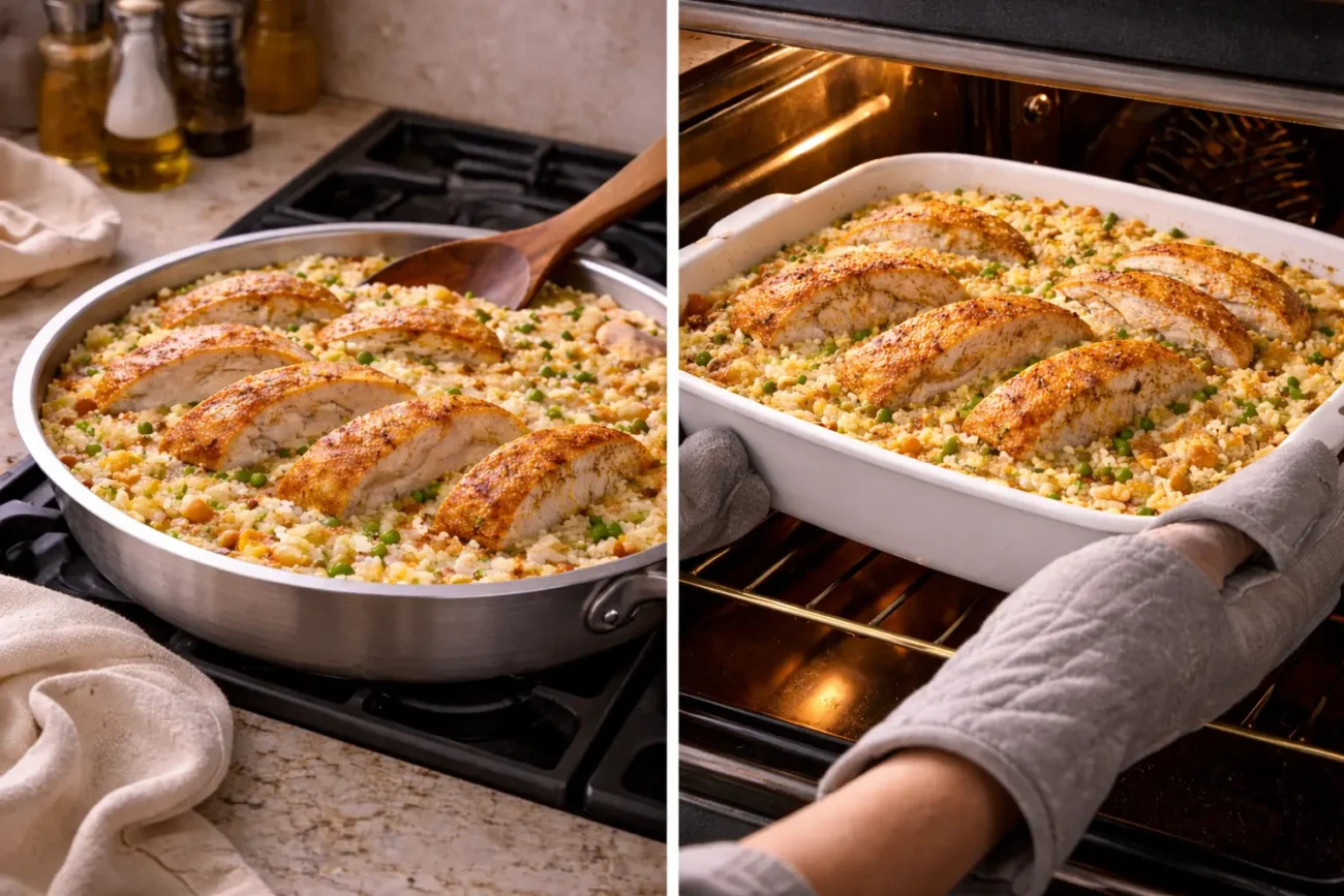 Chicken and rice cooking in a stovetop skillet beside a baked chicken and rice dish in an oven, shown in one continuous kitchen scene.