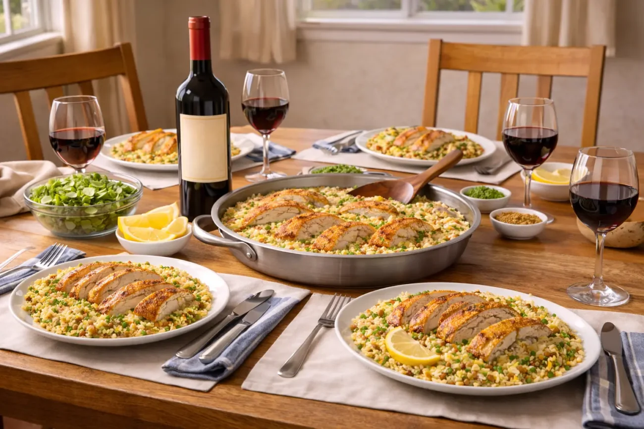 Family-style chicken and rice served in a skillet and four plates on a dining table with wine and natural window light.