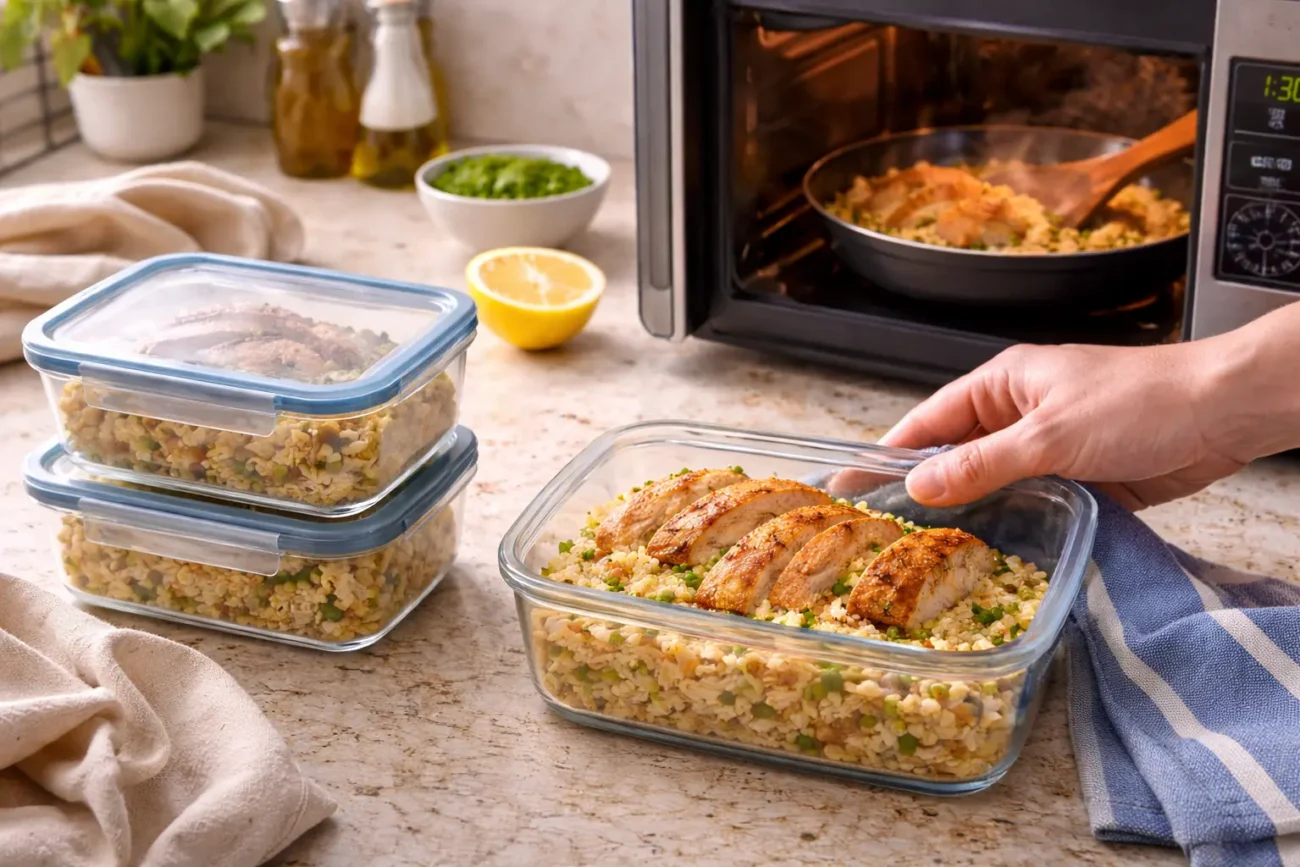 Chicken and rice stored in glass meal prep containers with one portion being reheated in a microwave in a home kitchen.