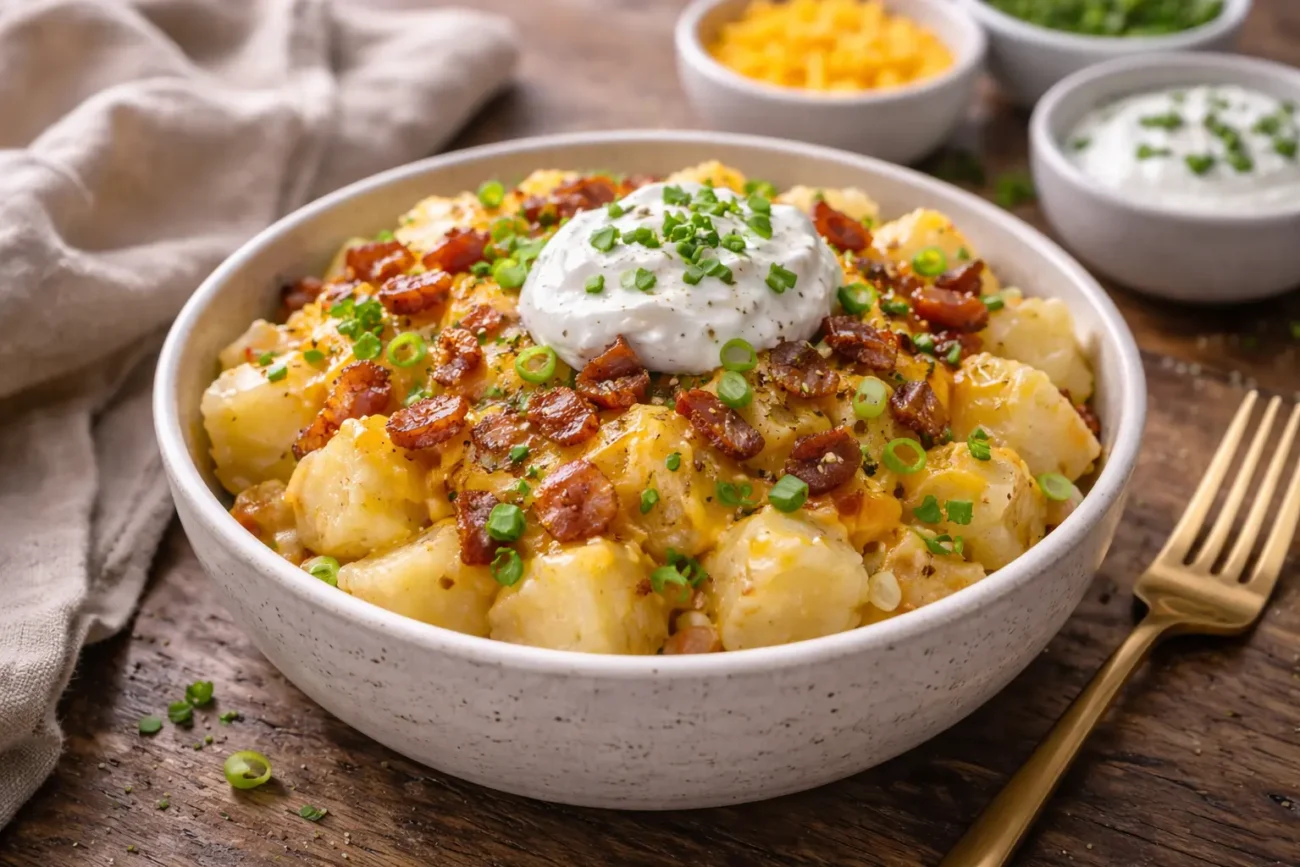 loaded potato bowl with melted cheese, crispy bacon, sour cream, and green onions