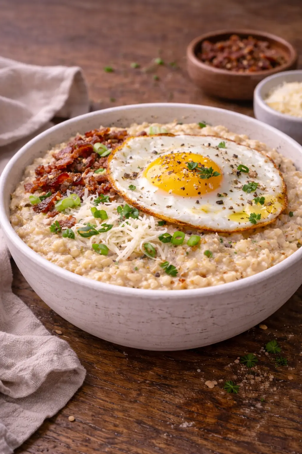 Savory oatmeal bowl topped with a sunny-side-up egg, herbs, and simple pantry ingredients on a wooden table.