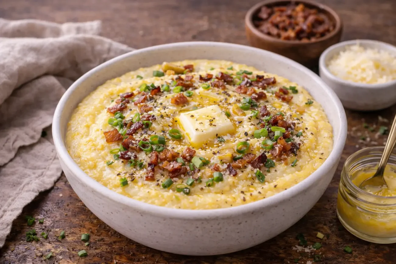 Soft, buttery polenta bowl topped with cracked black pepper, fresh herbs, and simple savory toppings on a rustic table.