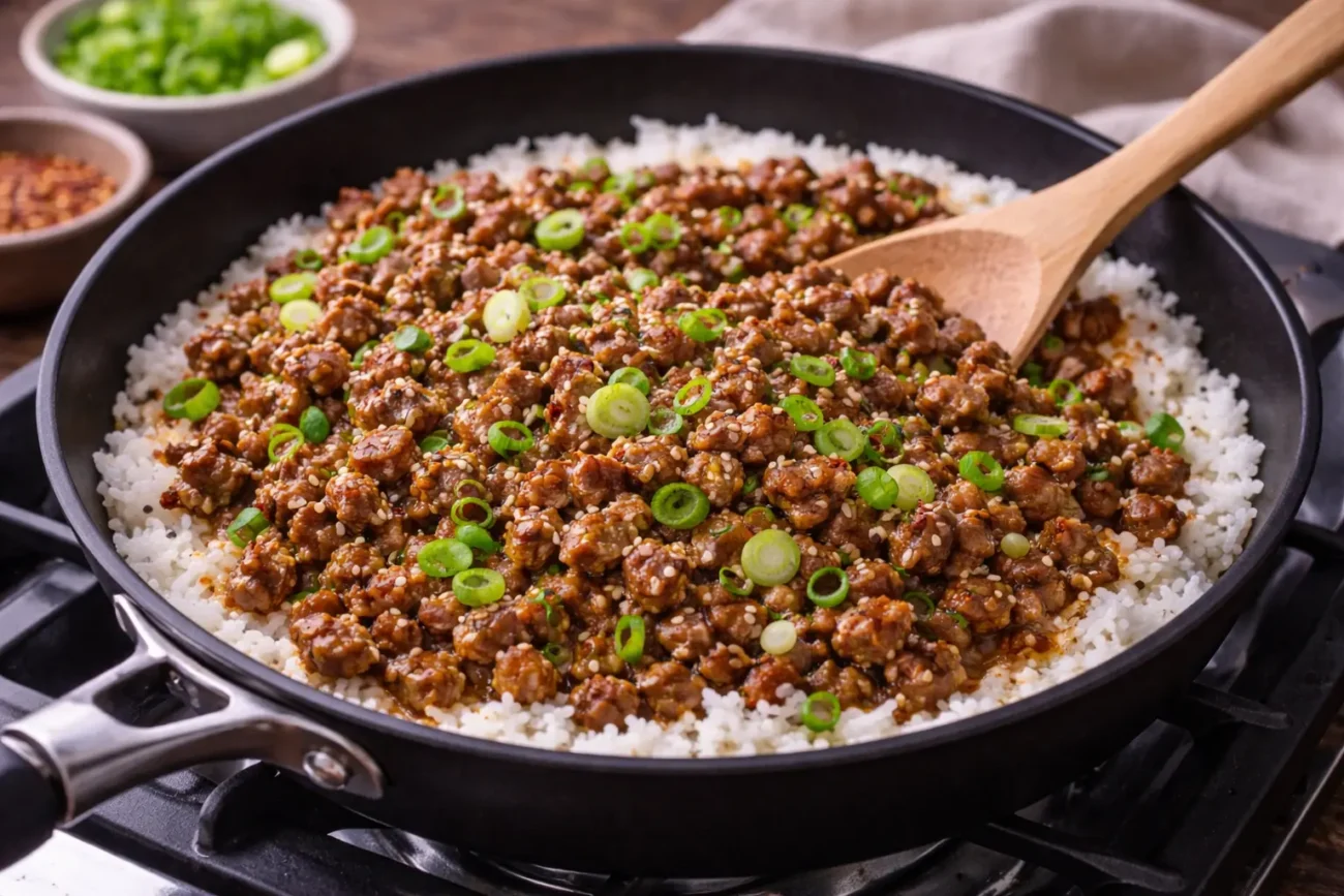Korean ground beef cooked in a skillet over rice, topped with green onions and sesame seeds on a stovetop.