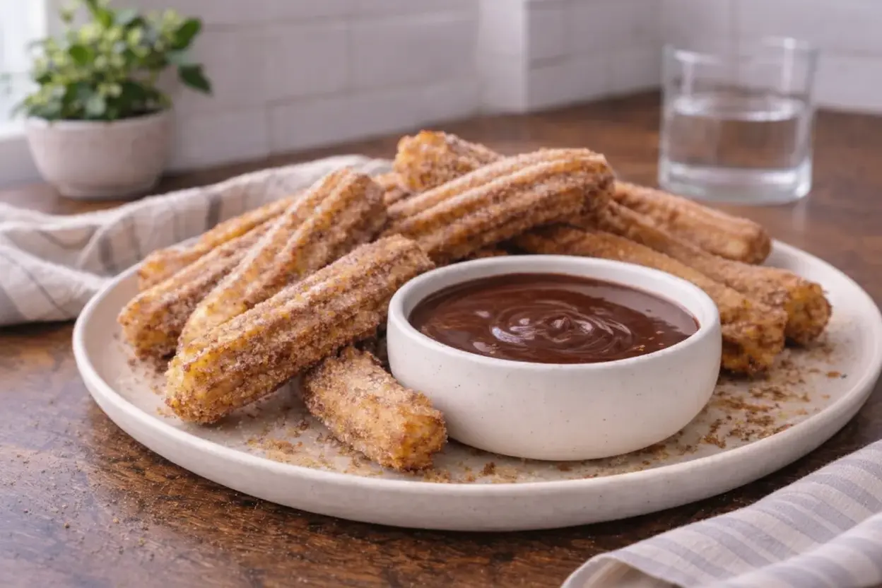 Close-up of golden cinnamon sugar churros served on a ceramic plate with a bowl of warm chocolate dip in natural window light.