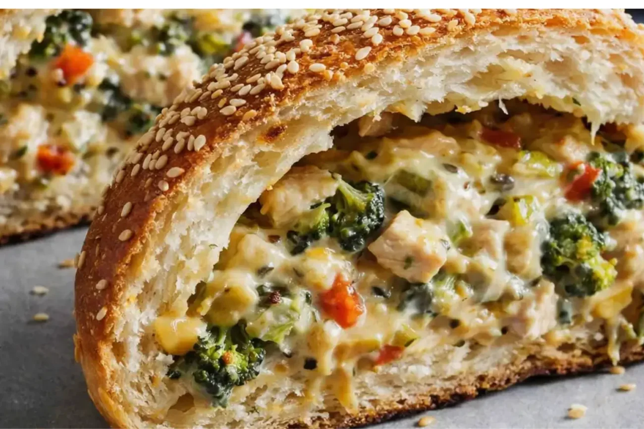 Golden sesame-crusted stuffed bread sliced open, revealing a creamy vegetable and herb filling on a neutral plate.