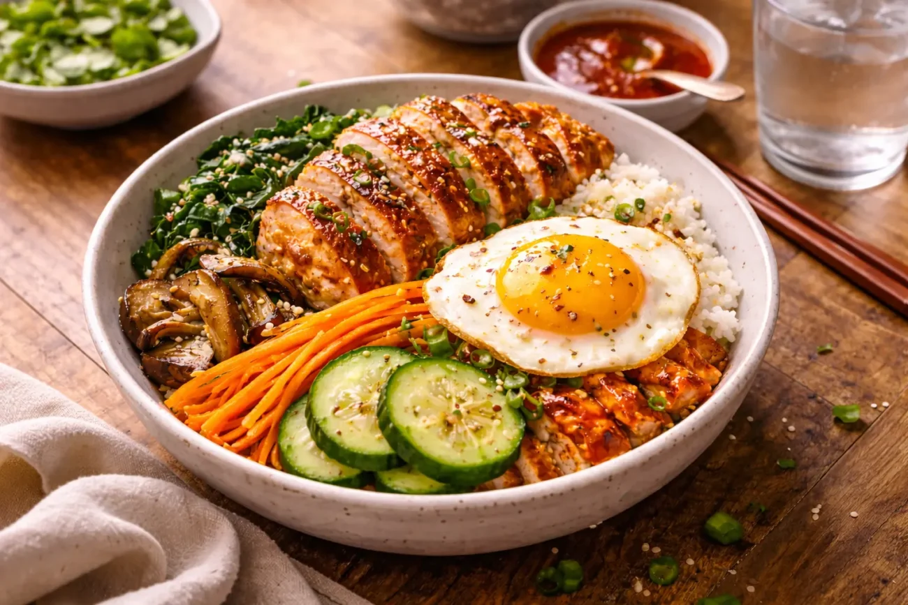 Korean chicken bibimbap bowl with sliced glazed chicken, fried egg, rice, vegetables, chopsticks, sauce bowl, and water glass on a wooden table.