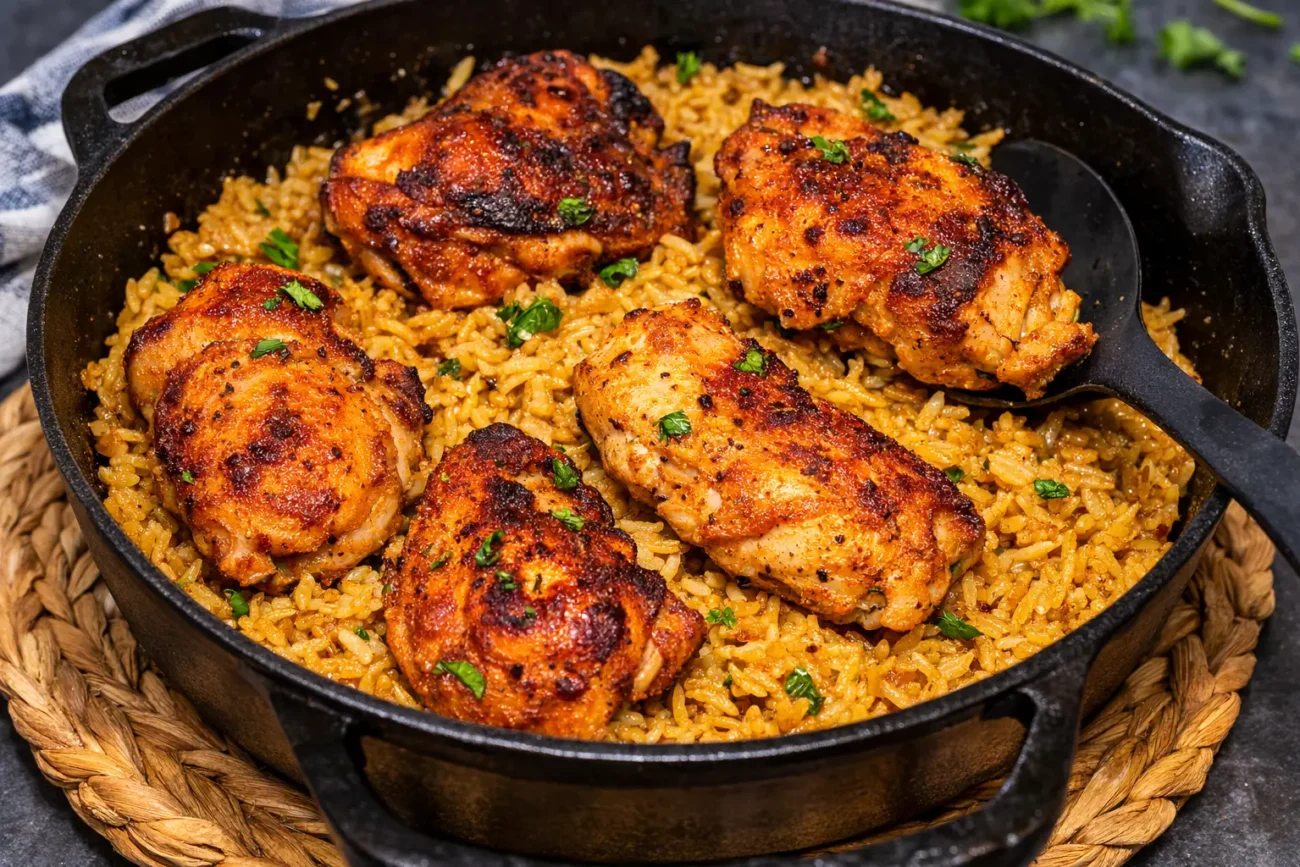Cast iron skillet with crispy seasoned chicken thighs cooked over golden spiced rice, photographed in a home kitchen.