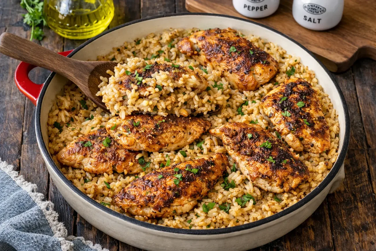 One-pan chicken and rice cooked in a cream-colored skillet with seasoned chicken pieces and fluffy golden rice.