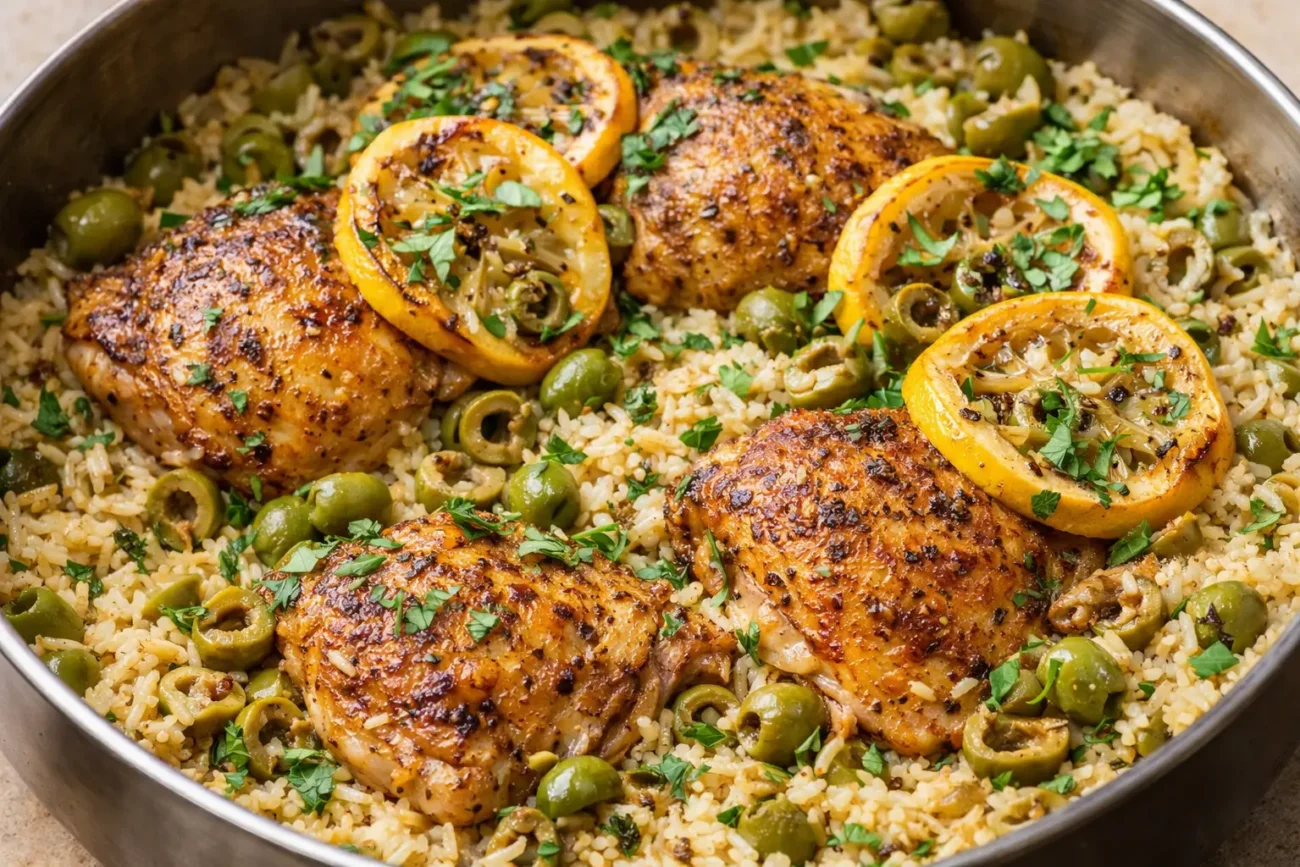 Mediterranean chicken thighs cooked over lemon rice with green olives and parsley in a one-pan skillet.