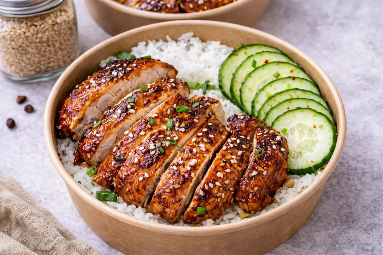 Teriyaki chicken rice bowl with sliced glazed chicken, white rice, cucumber slices, sesame seeds, and green onions.
