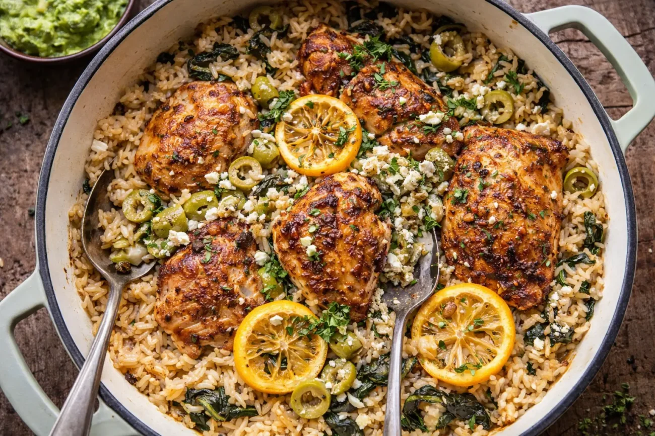 Mediterranean chicken and rice skillet with lemon slices, green olives, herbs, and crispy roasted chicken thighs.