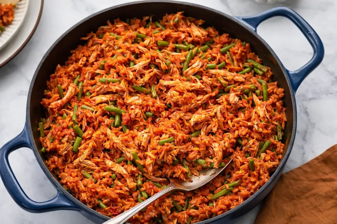Spicy shredded chicken and tomato rice cooked in a large skillet with green beans and herbs, photographed from above.
