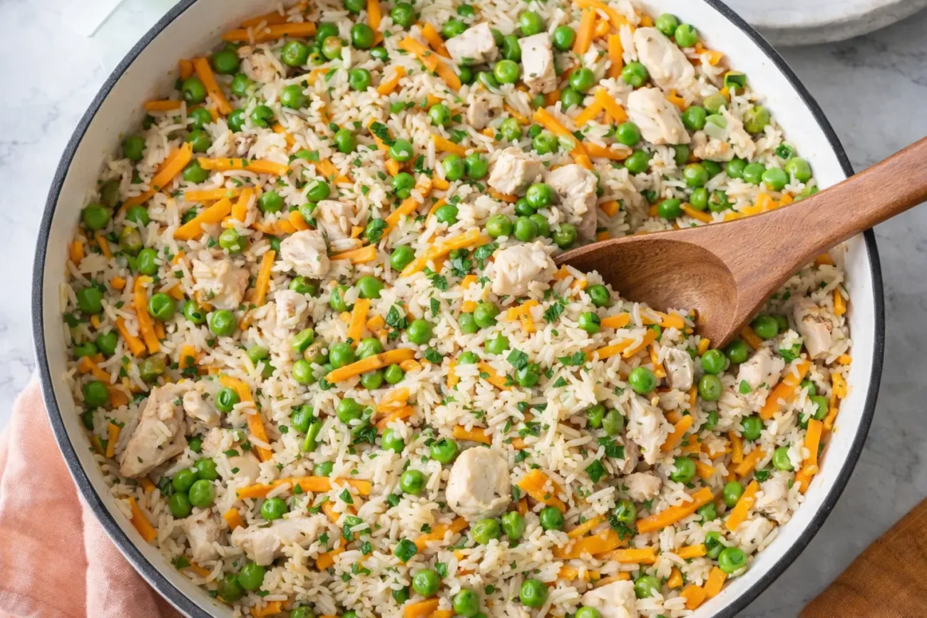 Chicken and vegetable rice skillet with peas, shredded carrots, and diced chicken stirred with a wooden spoon.