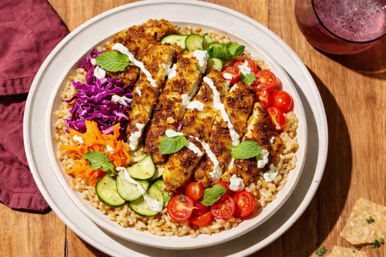 Healthy grilled chicken rice bowl with cucumber, cherry tomatoes, shredded cabbage, herbs, and creamy yogurt sauce on a plate.