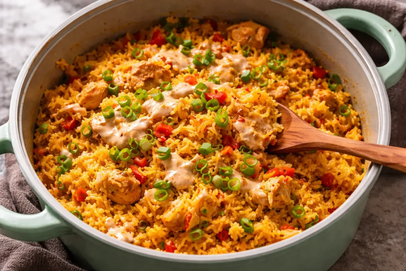 One pot creamy chicken and rice cooked in a Dutch oven with tender chicken pieces, peppers, and green onions.