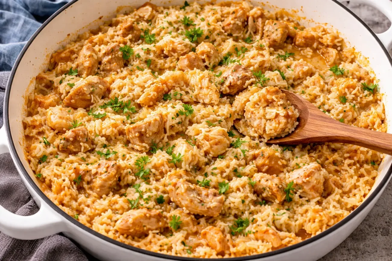 Skillet chicken and rice with tender chicken pieces and seasoned rice stirred in a large pan with herbs.