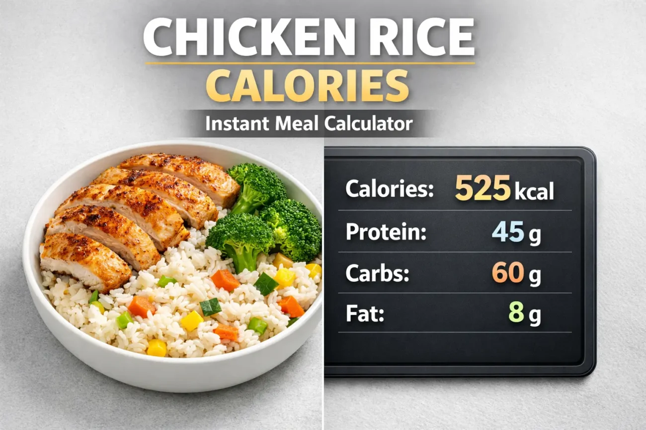 Chicken and rice calories calculator showing 525 kcal, protein, carbs and fat for a healthy meal portion