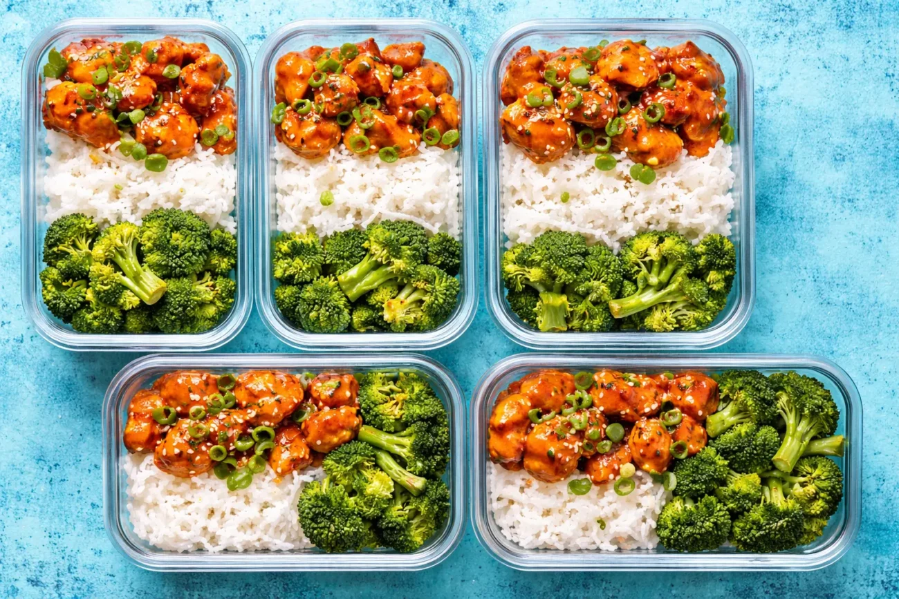 Healthy chicken meal prep containers with glazed chicken, white rice, and broccoli arranged neatly in glass boxes for weekly lunches.