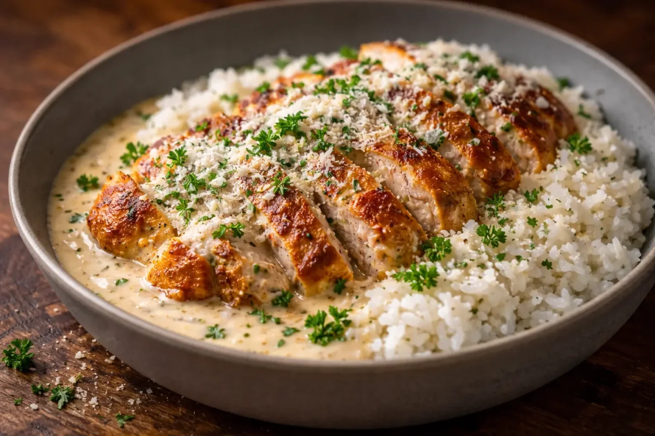 Creamy chicken and rice bowl with sliced golden chicken breast, parmesan topping, and herb garnish in a skillet-style dish.